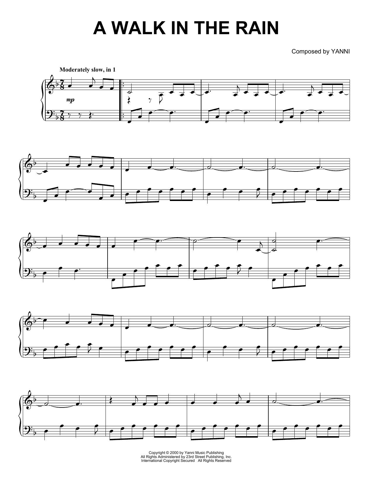 Yanni A Walk In The Rain sheet music notes and chords arranged for Piano Solo