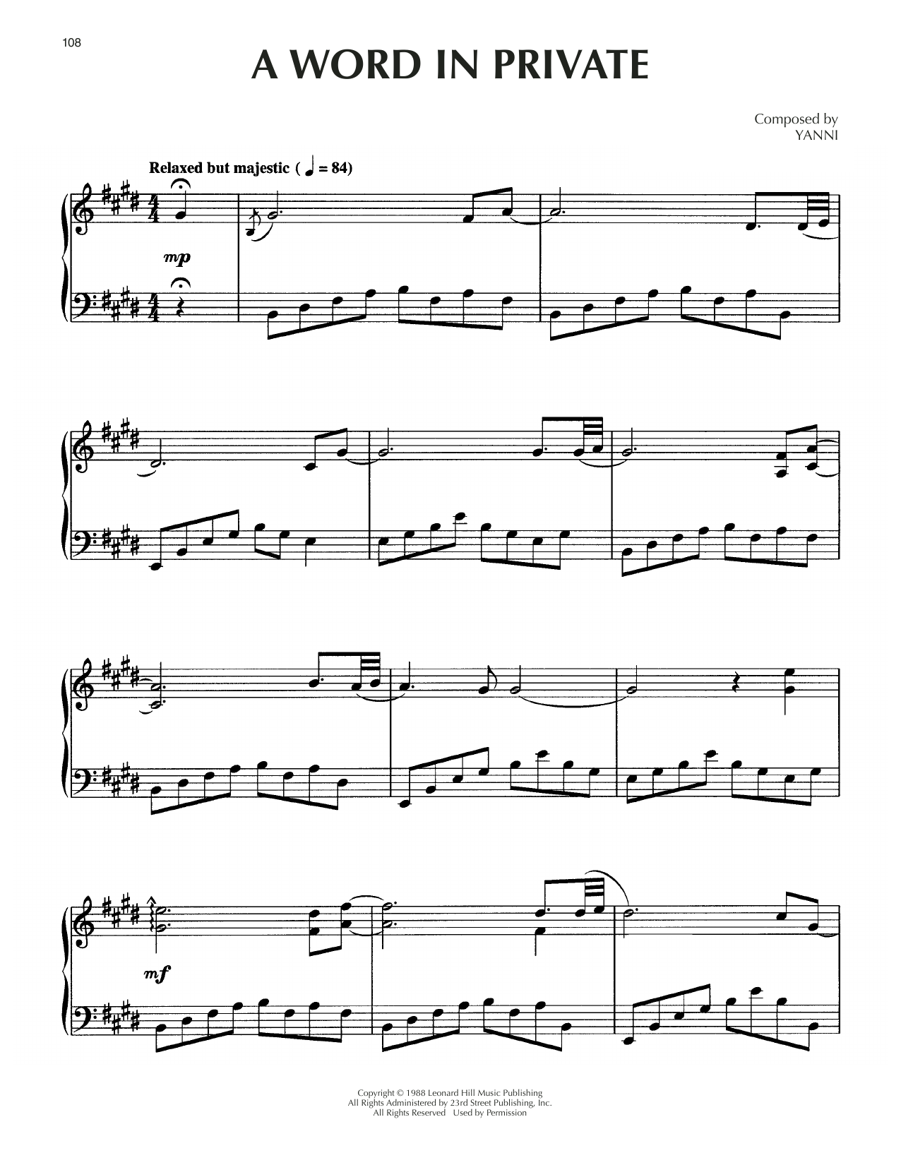Yanni A Word In Private sheet music notes and chords arranged for Piano Solo
