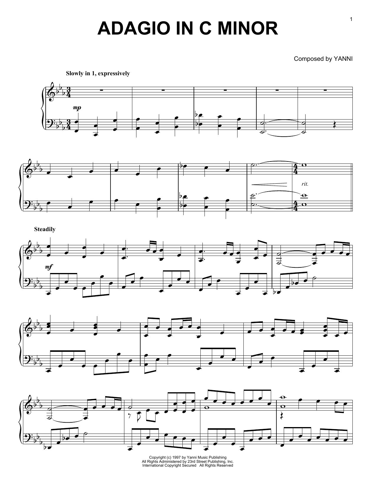 Yanni Adagio In C Minor sheet music notes and chords arranged for Piano Solo