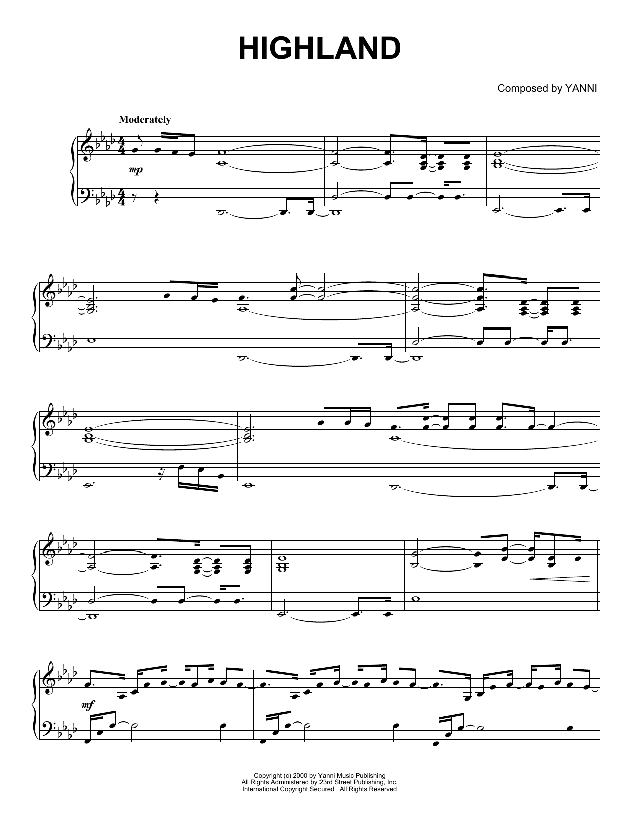 Yanni Highland sheet music notes and chords arranged for Piano Solo