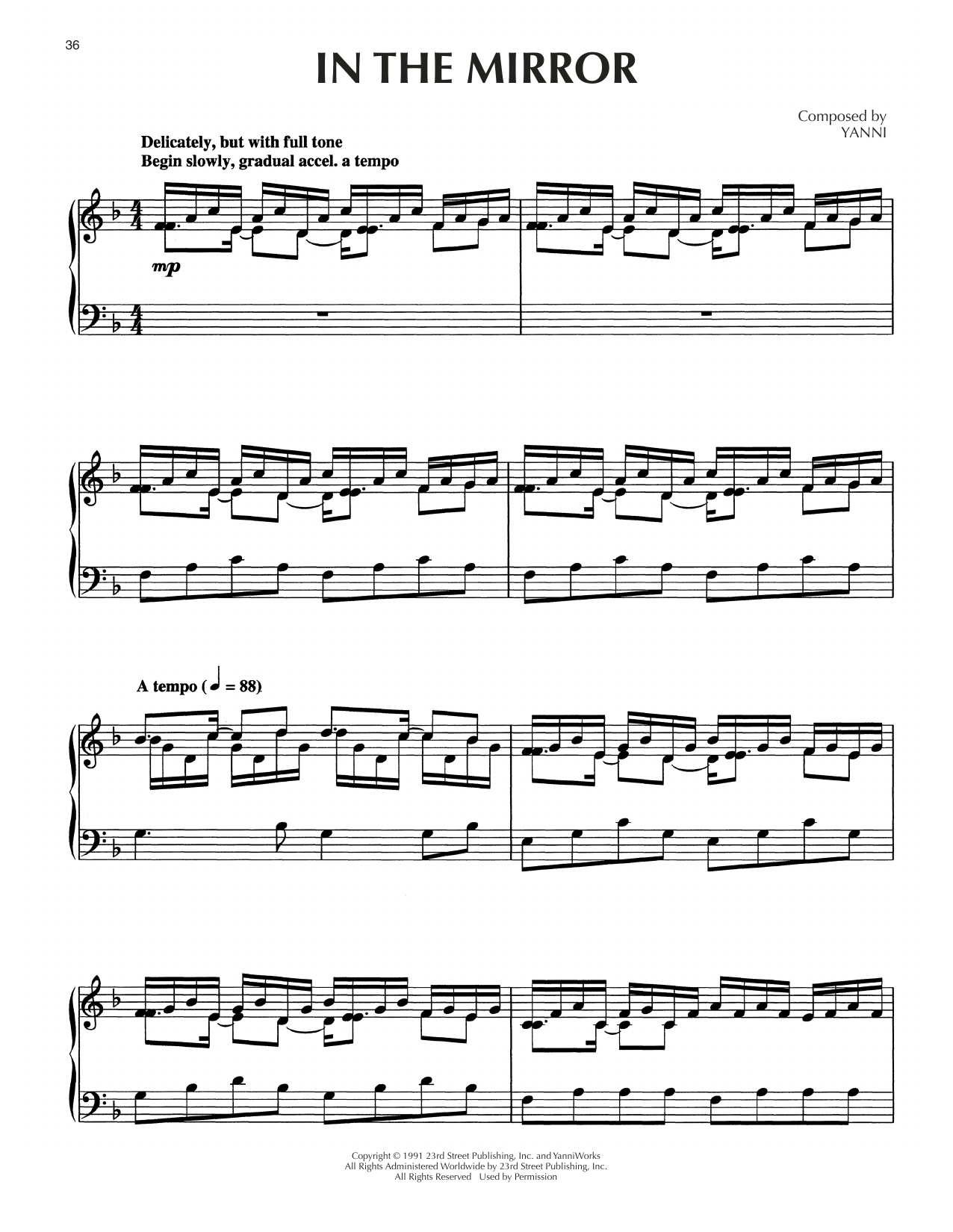 Yanni In The Mirror sheet music notes and chords arranged for Piano Solo