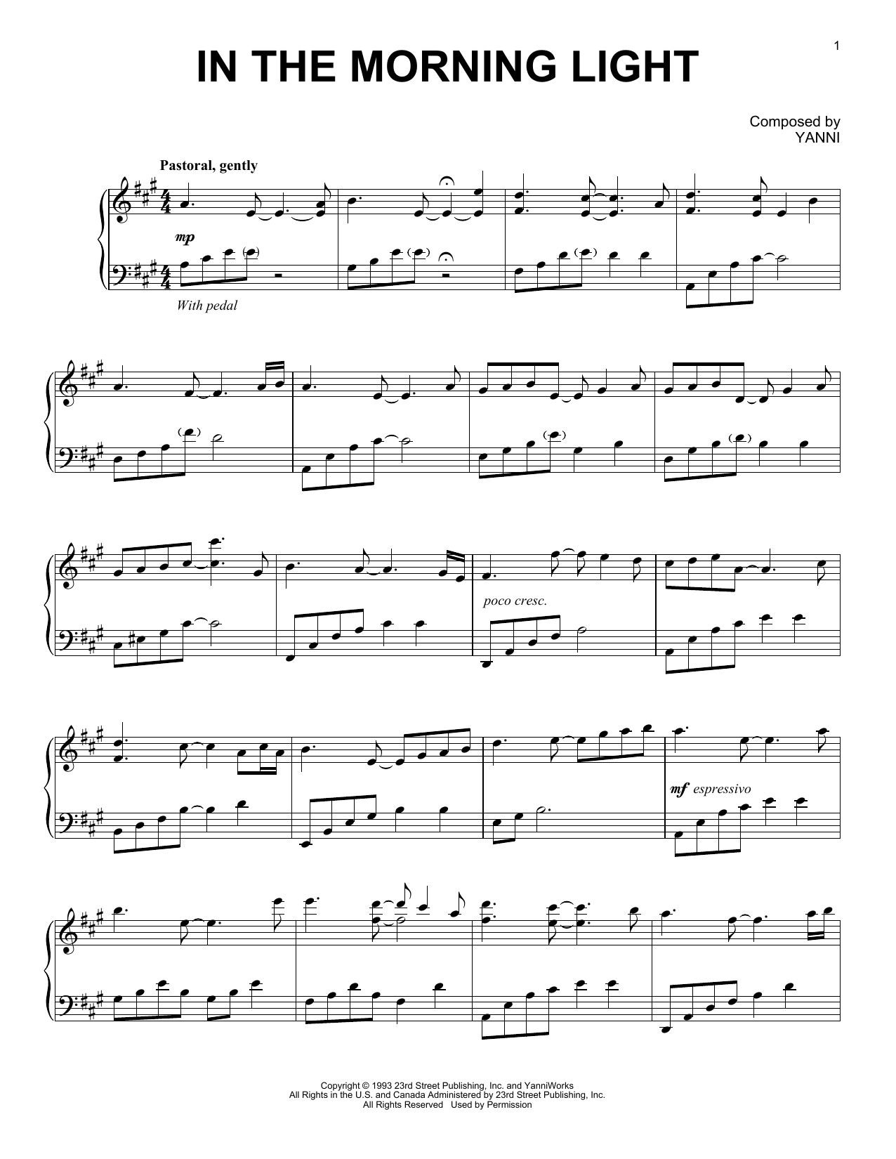 Yanni In The Morning Light sheet music notes and chords arranged for Piano Solo