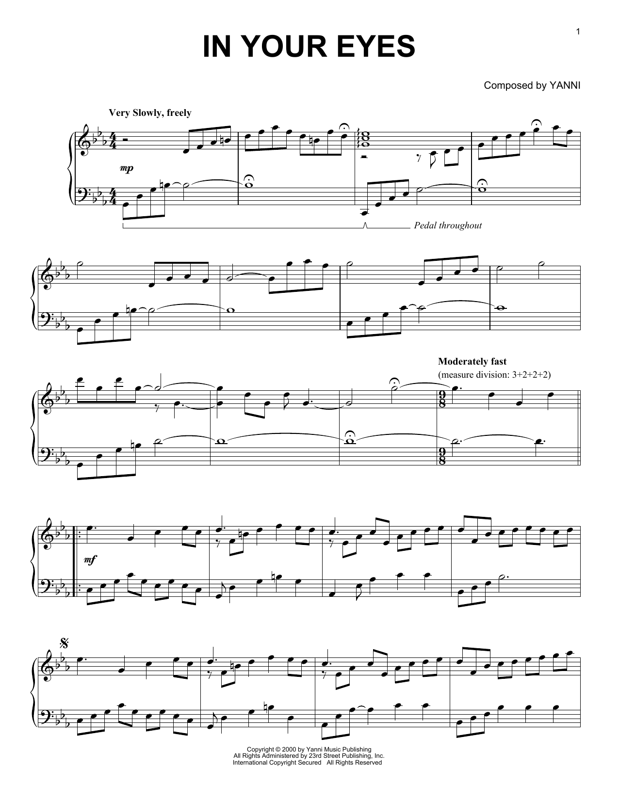 Yanni In Your Eyes sheet music notes and chords arranged for Piano Solo