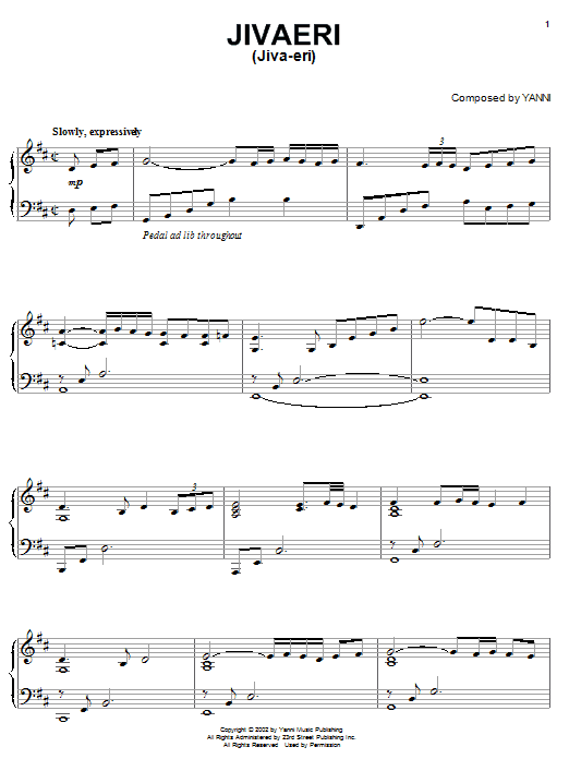 Yanni Jivaeri (Jiva-eri) sheet music notes and chords arranged for Piano Solo