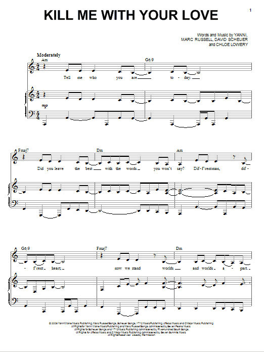 Yanni Kill Me With Your Love sheet music notes and chords arranged for Piano, Vocal & Guitar Chords (Right-Hand Melody)