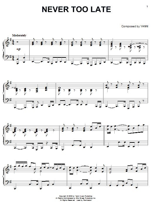 Yanni Never Too Late sheet music notes and chords arranged for Piano Solo