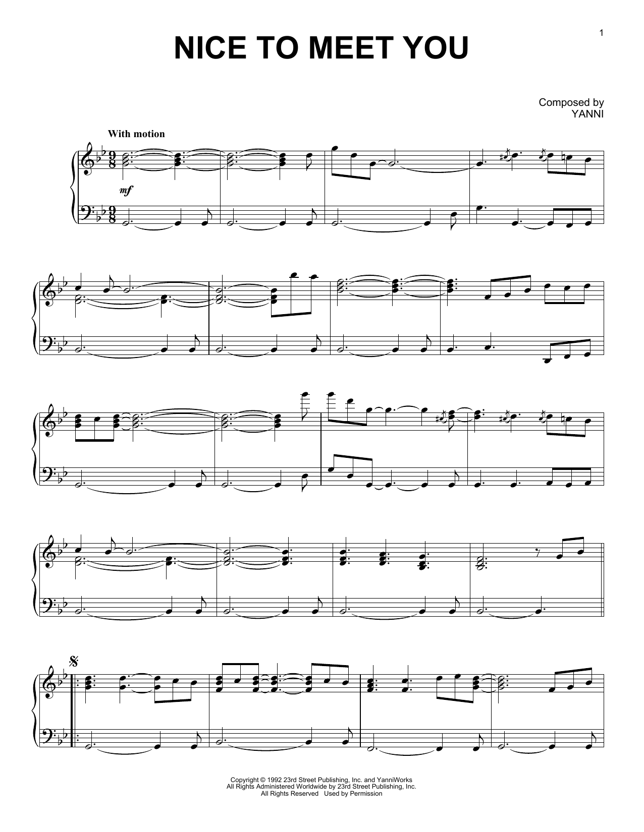 Yanni Nice To Meet You sheet music notes and chords arranged for Piano Solo