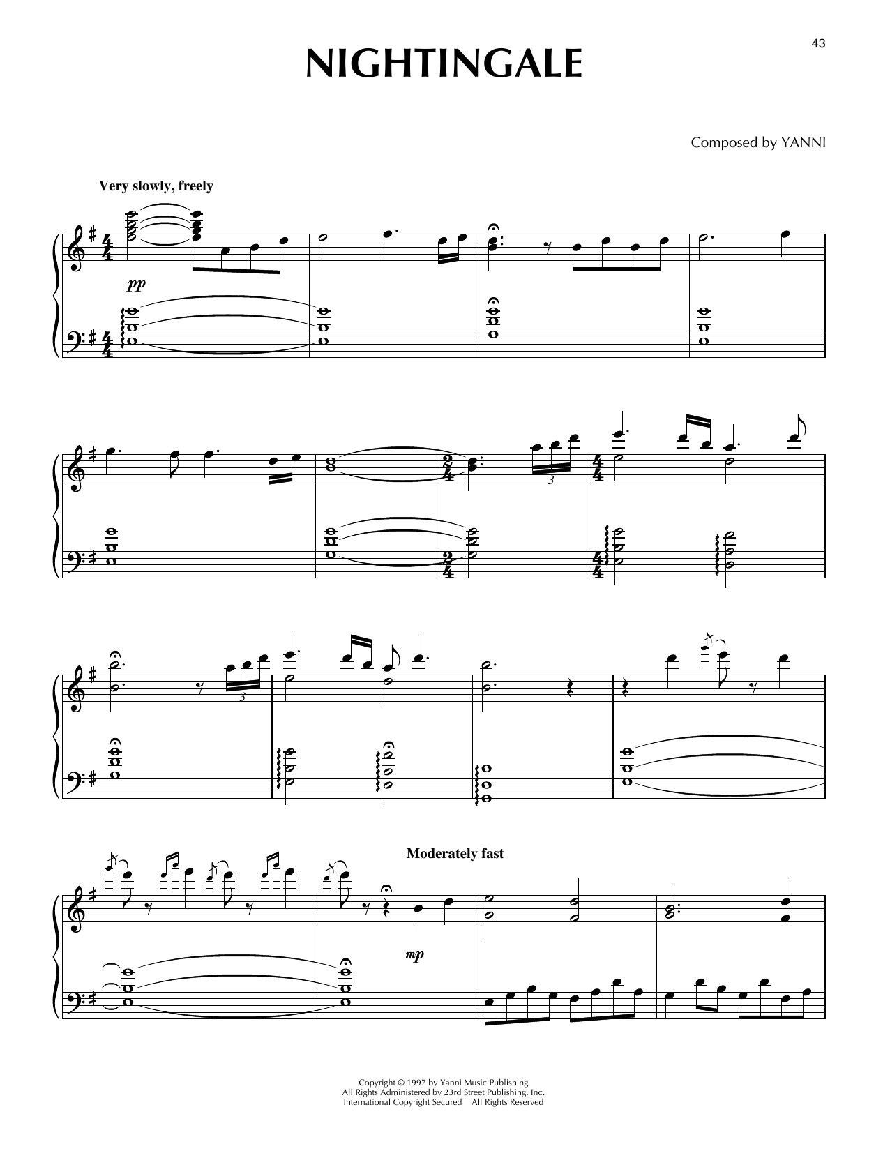 Yanni Nightingale sheet music notes and chords arranged for Piano Solo