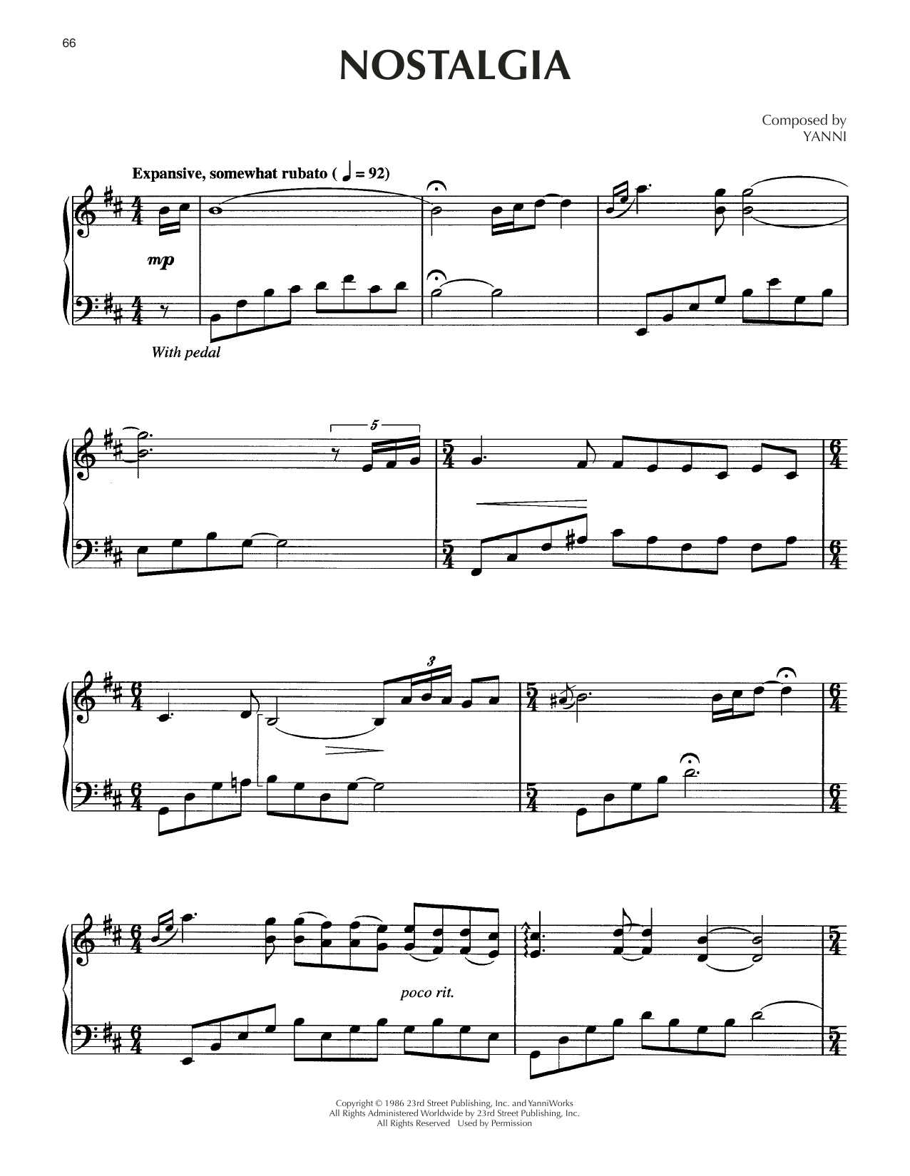 Yanni Nostalgia sheet music notes and chords arranged for Piano Solo