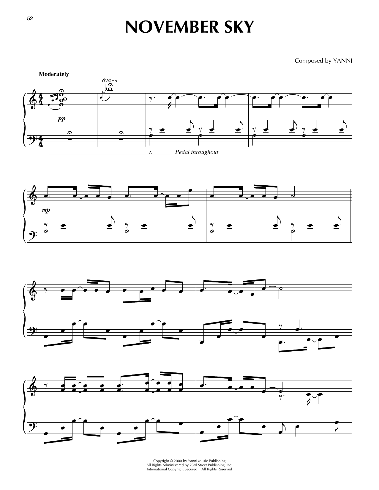 Yanni November Sky sheet music notes and chords arranged for Piano Solo