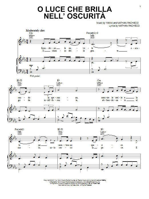 Yanni O Luce Che Brilla Nell'Oscurita sheet music notes and chords arranged for Piano Solo