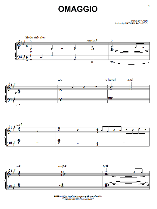 Yanni Omaggio sheet music notes and chords arranged for Piano, Vocal & Guitar Chords (Right-Hand Melody)