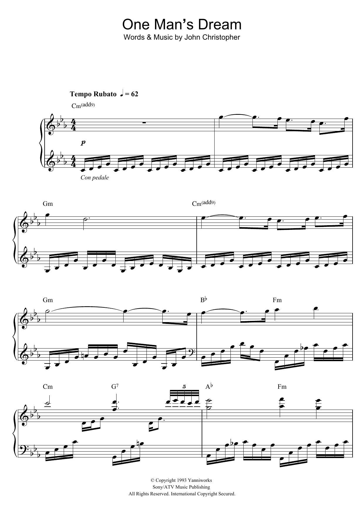Yanni One Man's Dream sheet music notes and chords arranged for Piano, Vocal & Guitar Chords