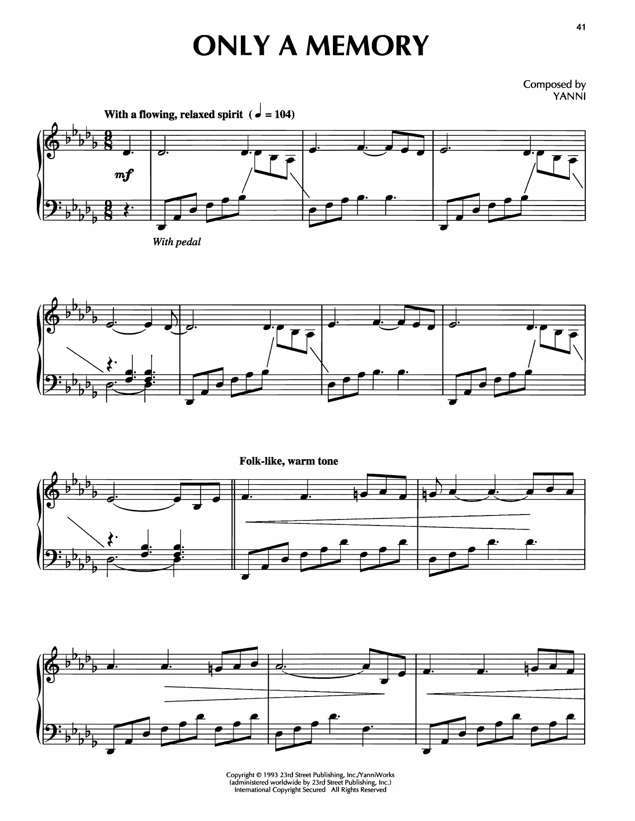 Yanni Only A Memory sheet music notes and chords arranged for Piano Solo