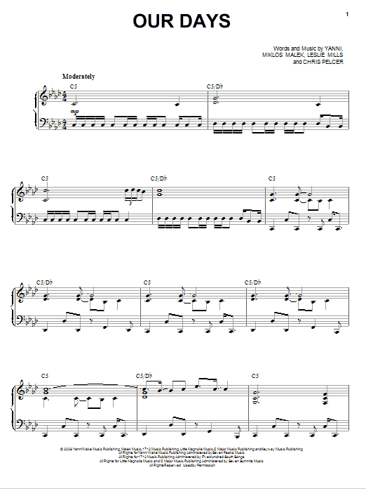 Yanni Our Days sheet music notes and chords arranged for Piano, Vocal & Guitar Chords (Right-Hand Melody)