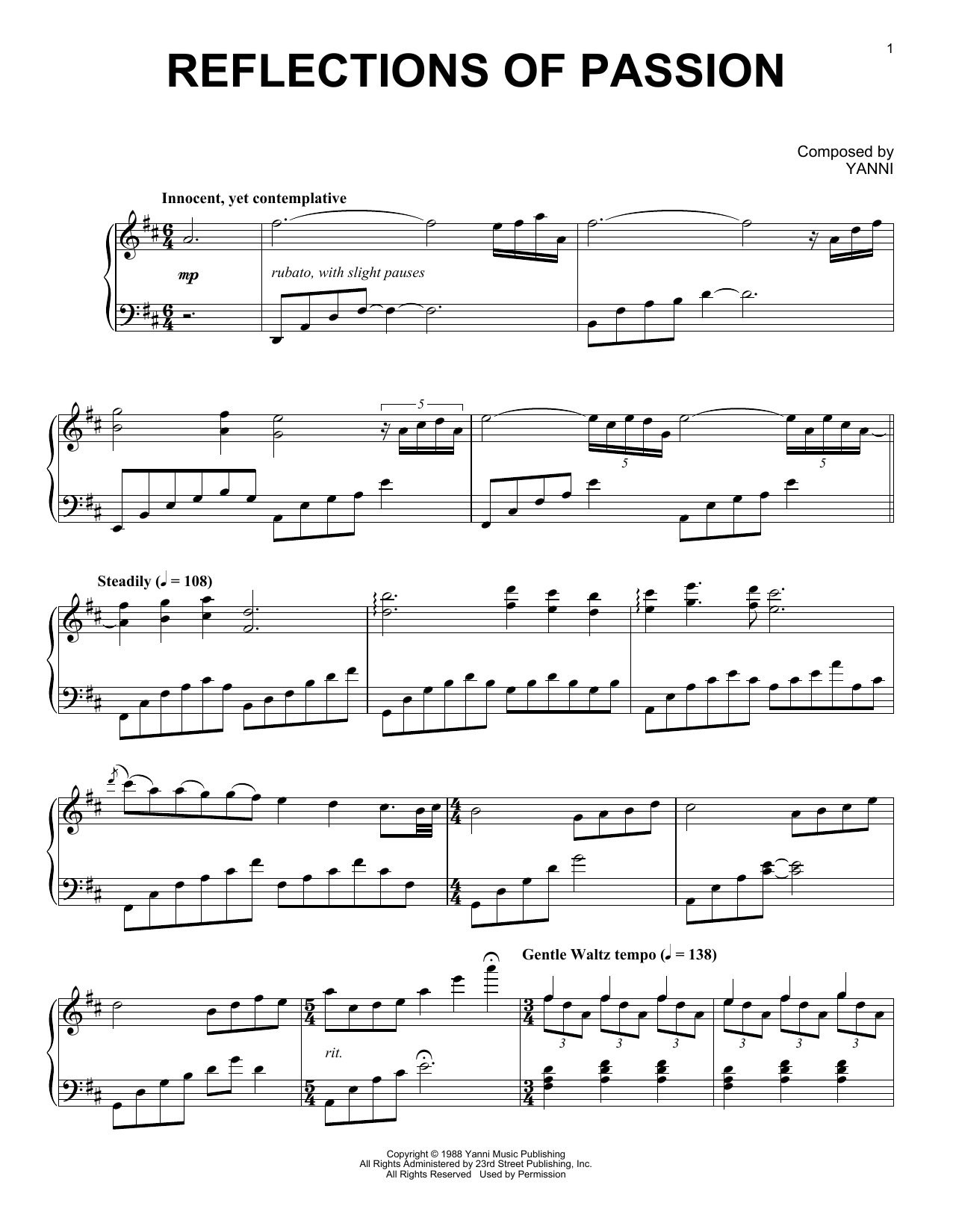 Yanni Reflections Of Passion sheet music notes and chords arranged for Piano Solo