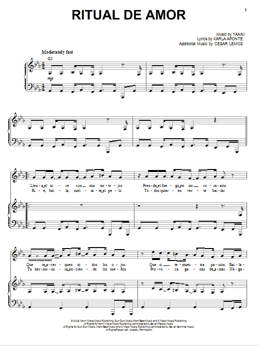 Yanni Ritual De Amor sheet music notes and chords arranged for Piano, Vocal & Guitar Chords (Right-Hand Melody)