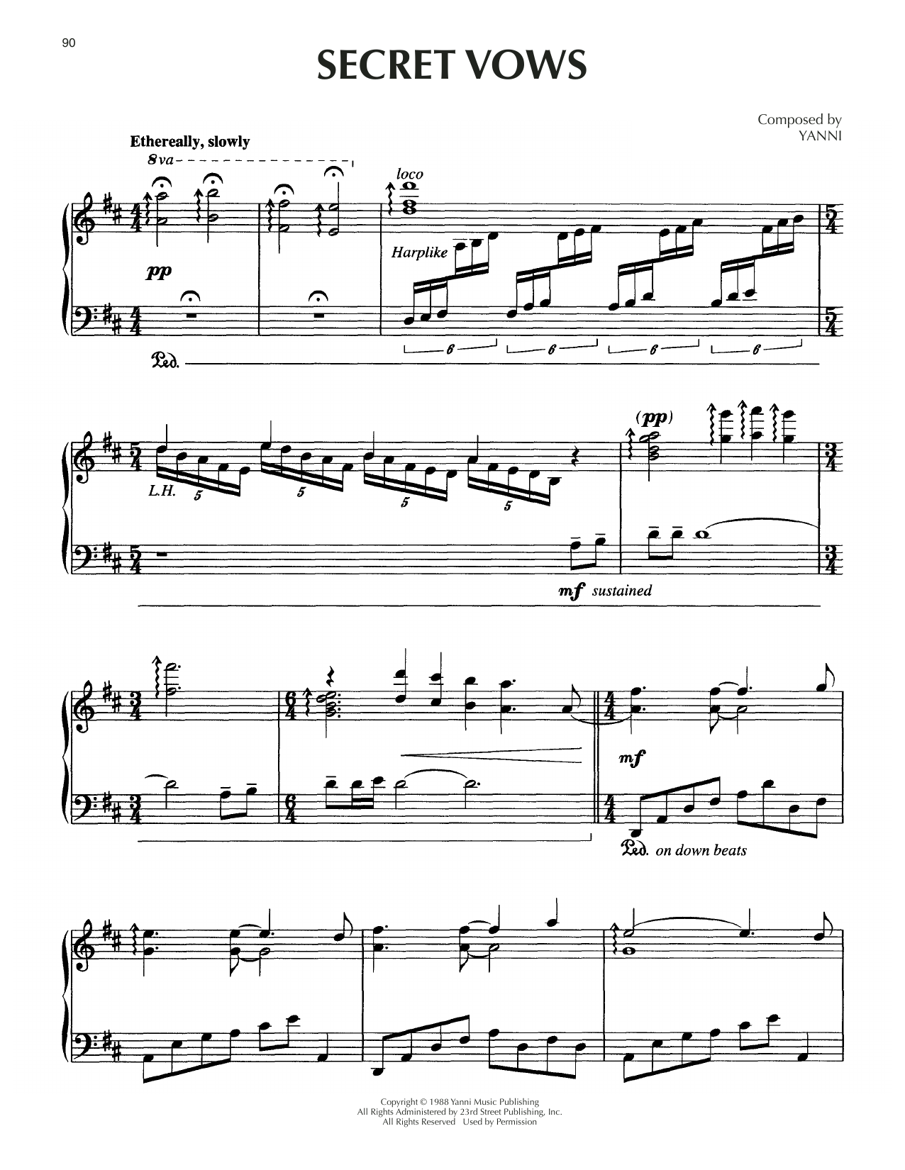 Yanni Secret Vows sheet music notes and chords arranged for Piano Solo