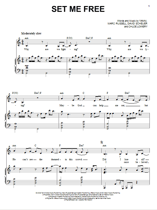 Yanni Set Me Free sheet music notes and chords arranged for Piano, Vocal & Guitar Chords (Right-Hand Melody)
