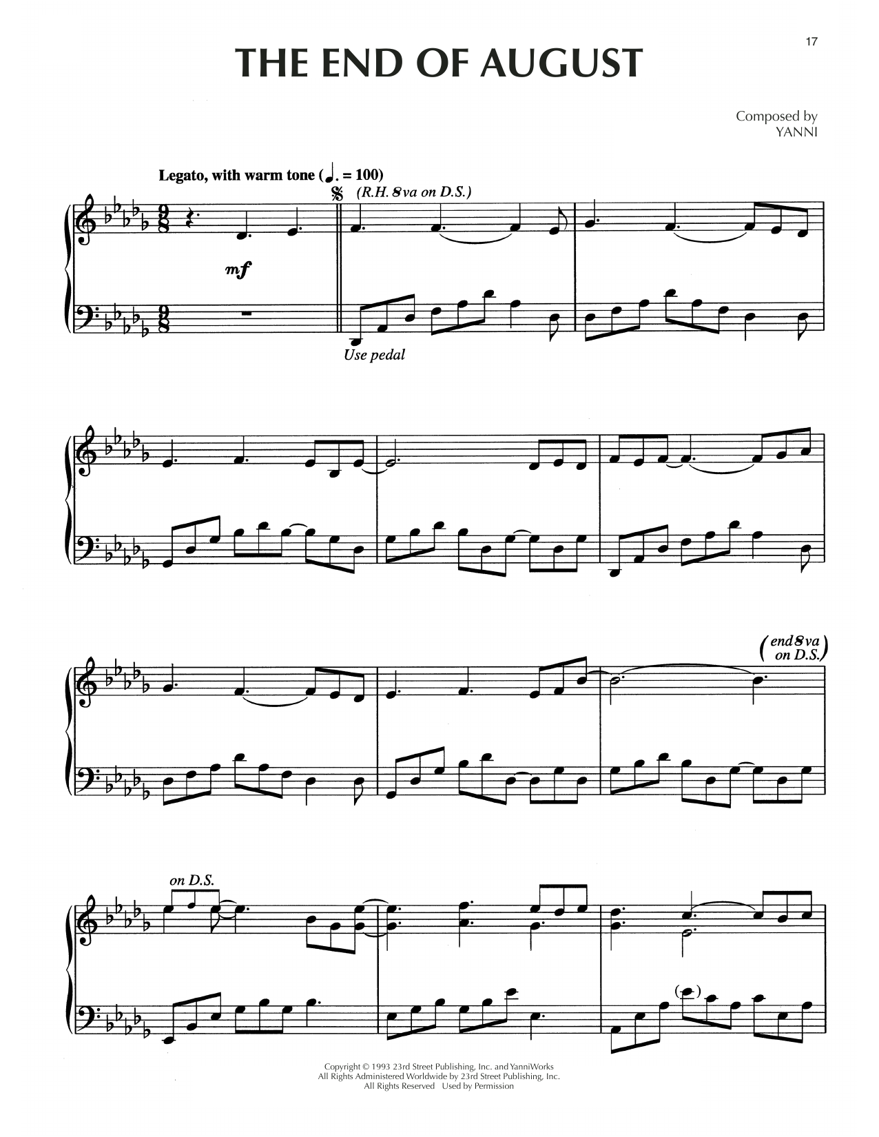 Yanni The End Of August sheet music notes and chords arranged for Piano Solo