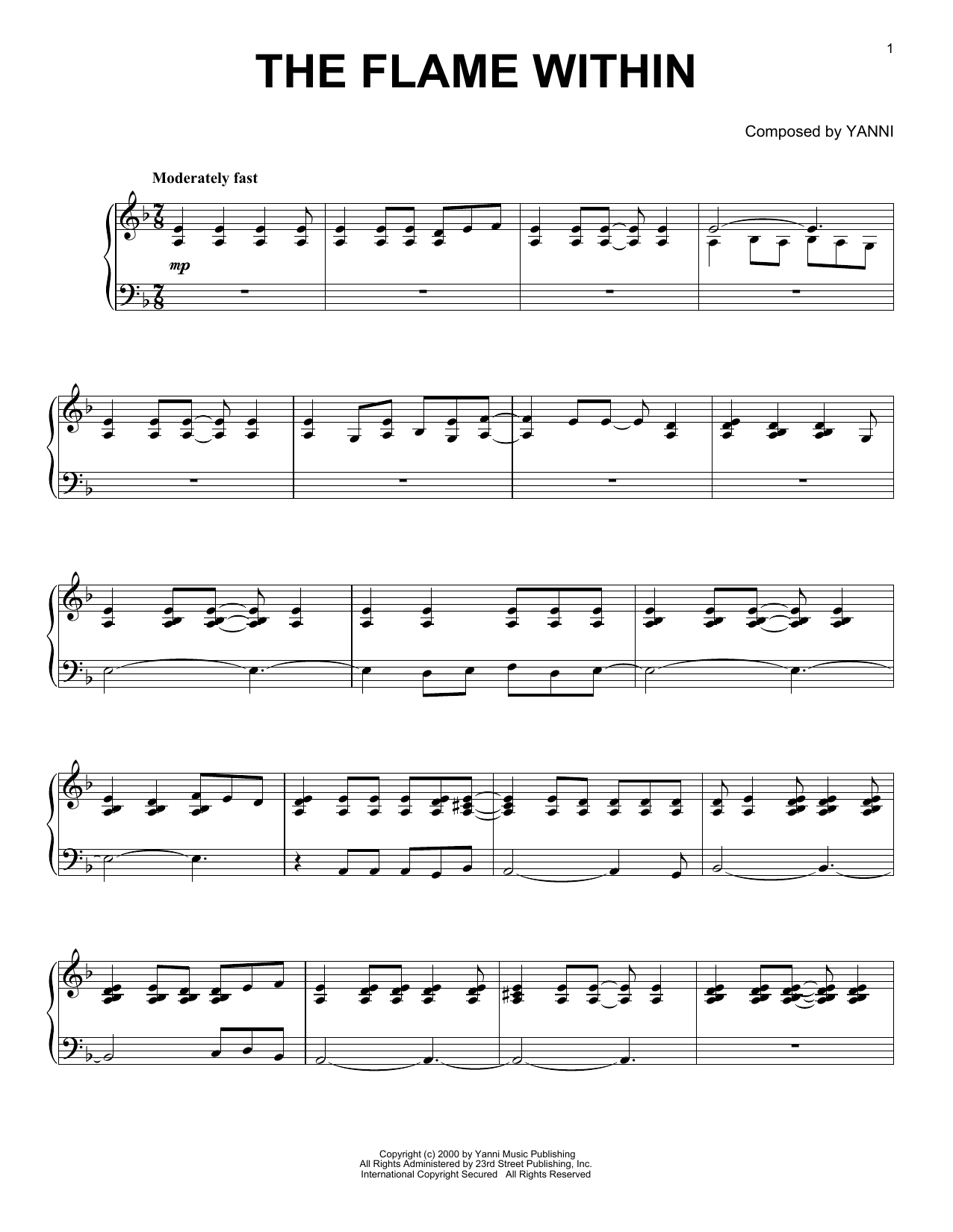 Yanni The Flame Within sheet music notes and chords arranged for Piano Solo