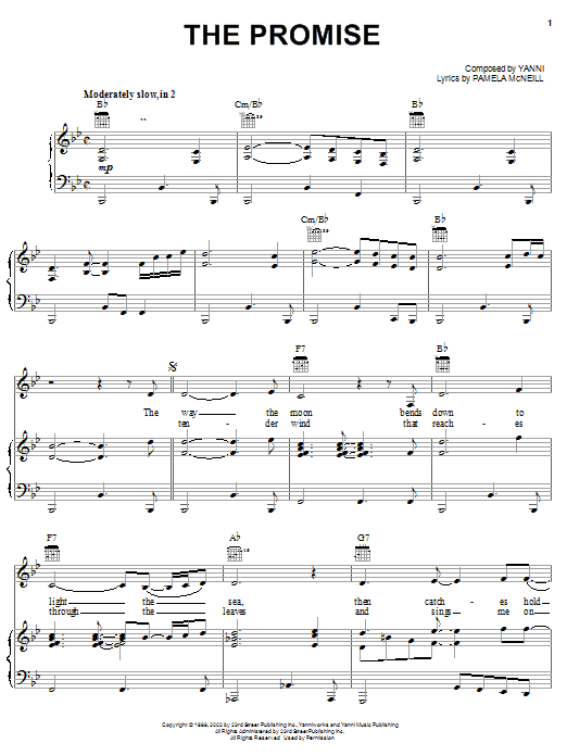 Yanni The Promise sheet music notes and chords arranged for Piano, Vocal & Guitar Chords (Right-Hand Melody)