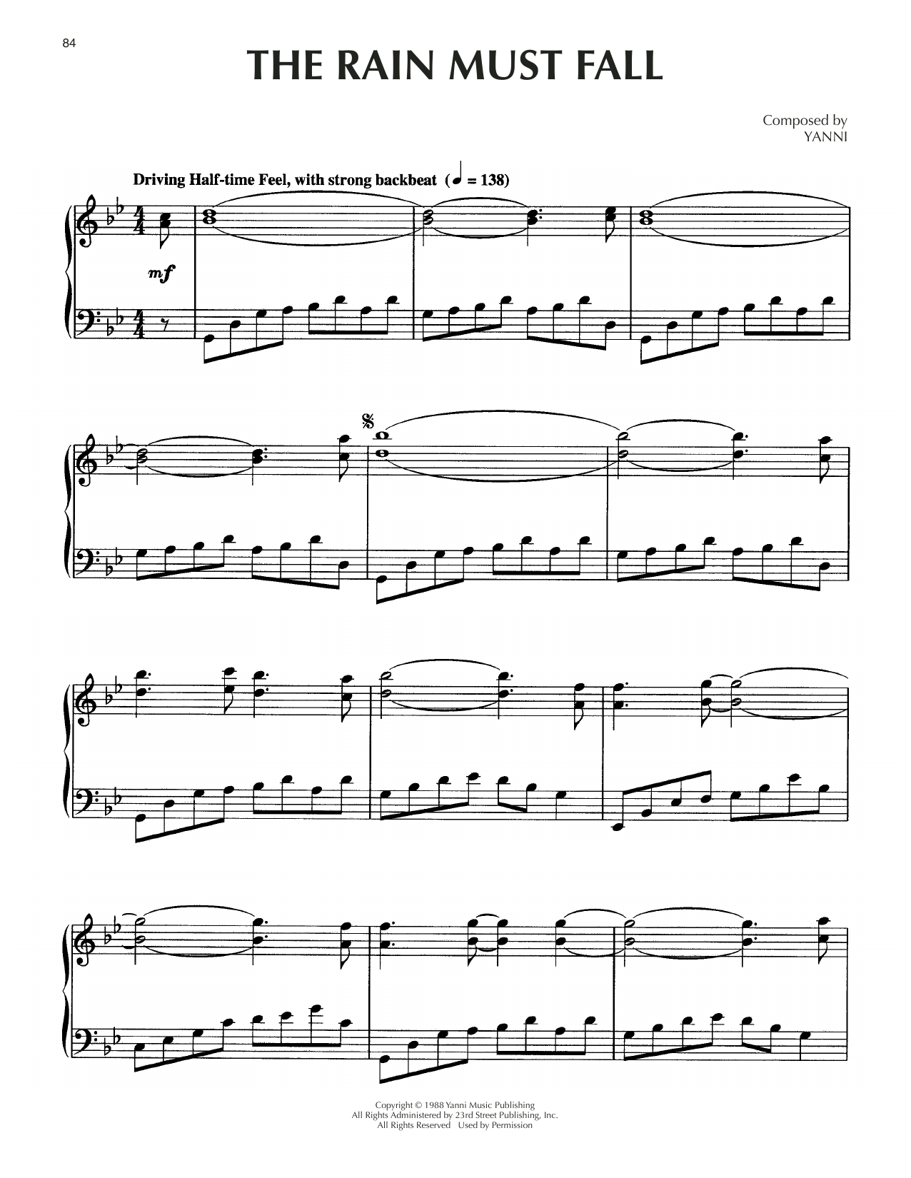 Yanni The Rain Must Fall sheet music notes and chords arranged for Piano Solo