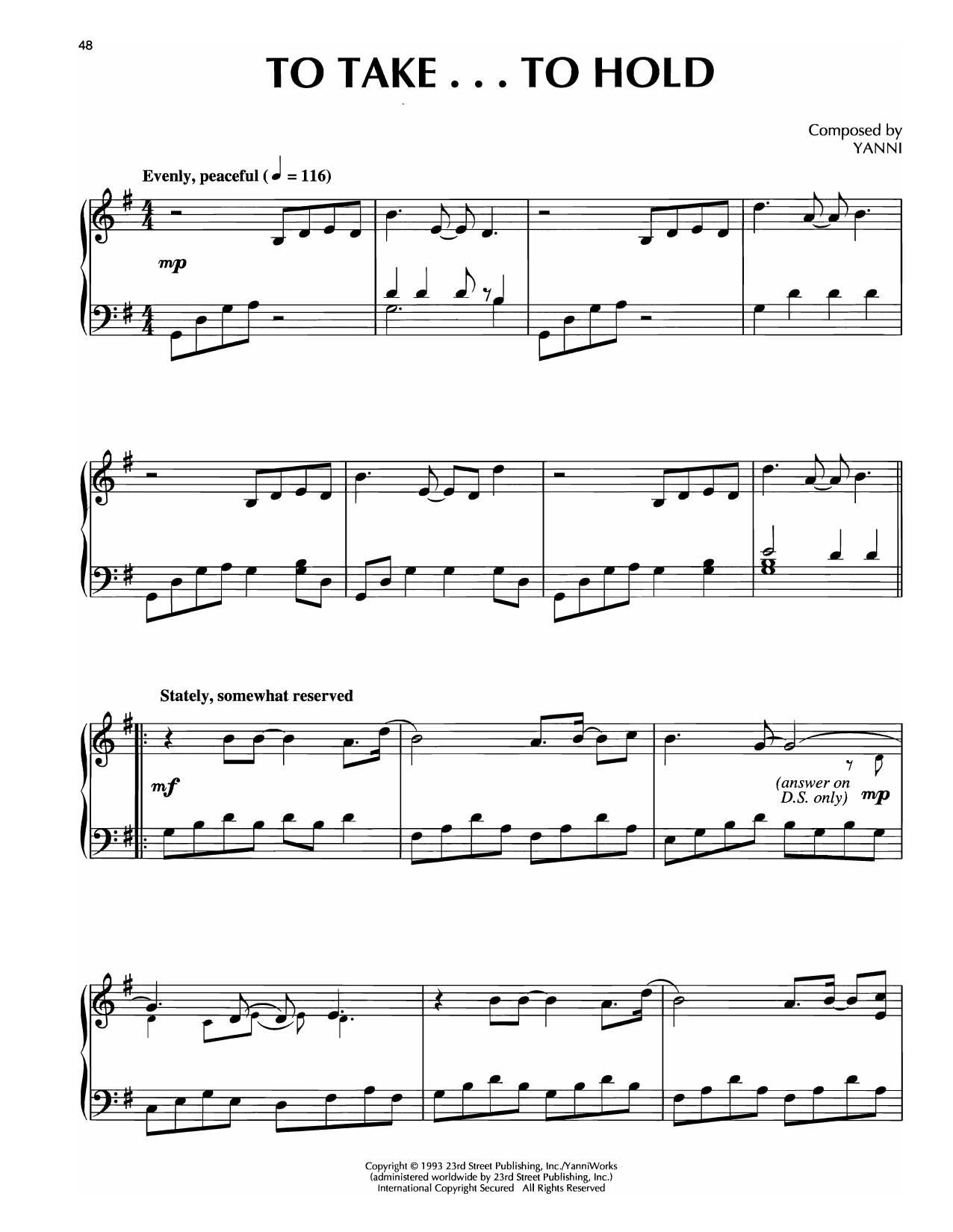 Yanni To Take..To Hold sheet music notes and chords arranged for Piano Solo