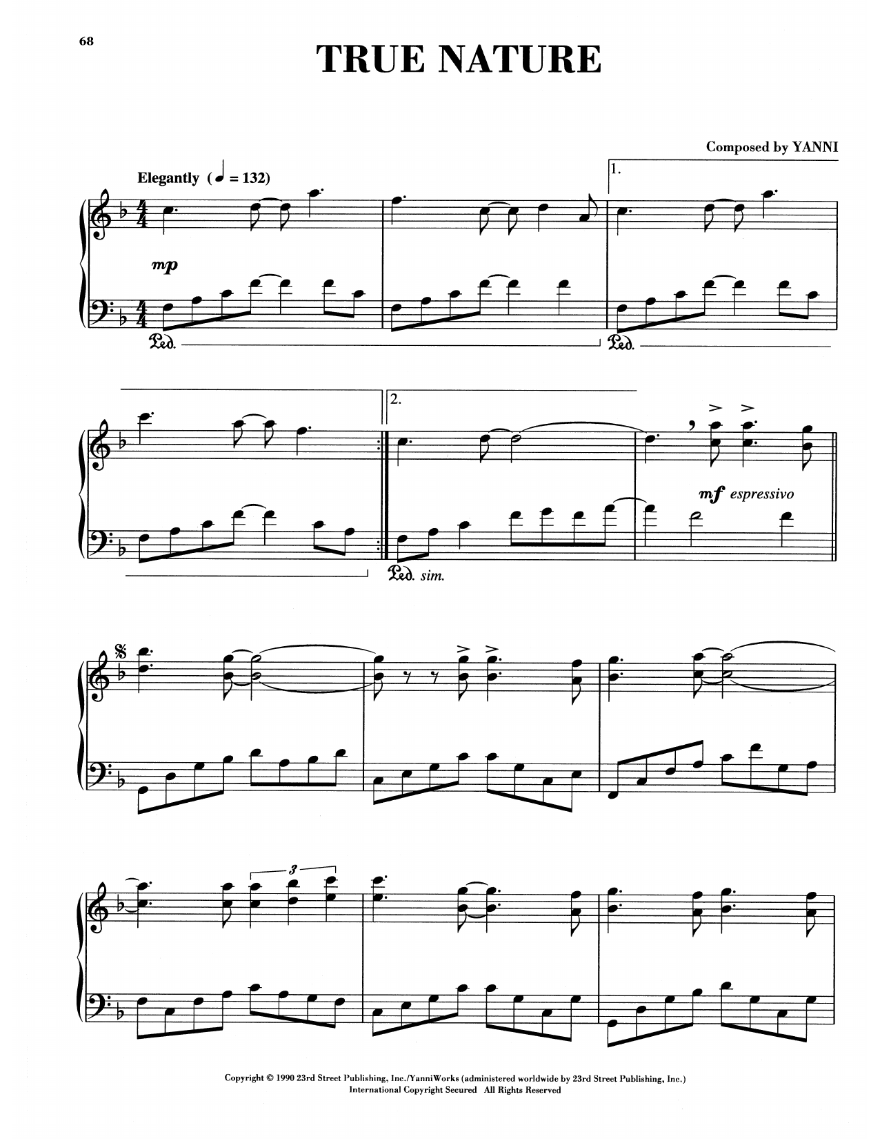 Yanni True Nature sheet music notes and chords arranged for Piano Solo