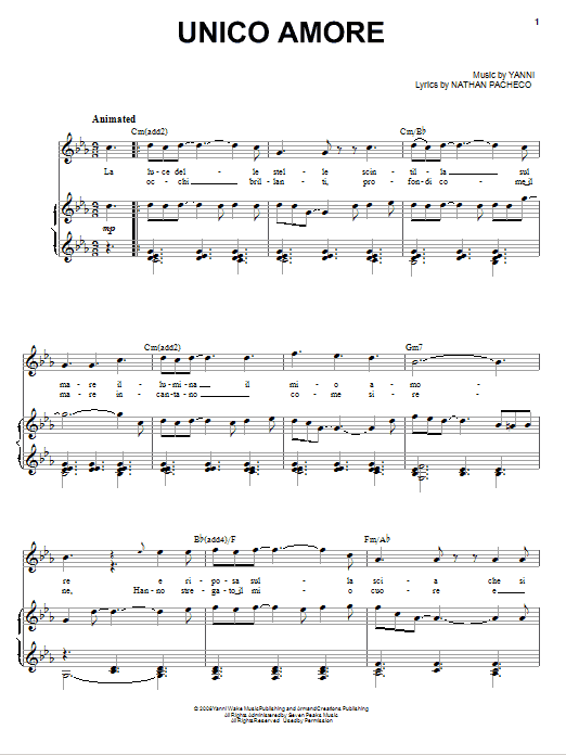 Yanni Unico Amore sheet music notes and chords arranged for Piano, Vocal & Guitar Chords (Right-Hand Melody)