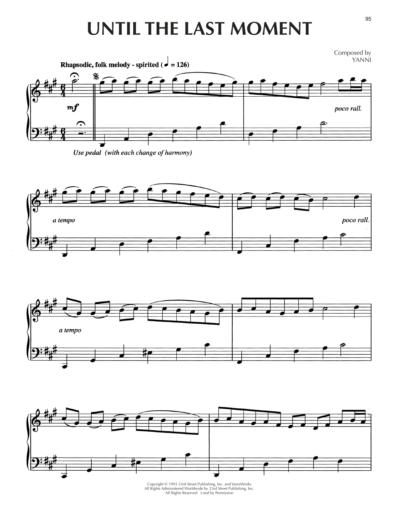 Yanni Until The Last Moment sheet music notes and chords arranged for Piano Solo