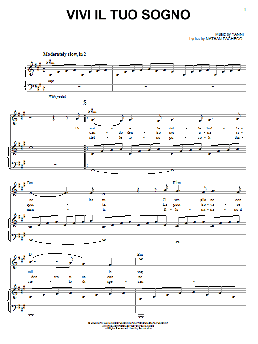 Yanni Vivi Il Tuo Sogno sheet music notes and chords arranged for Piano, Vocal & Guitar Chords (Right-Hand Melody)