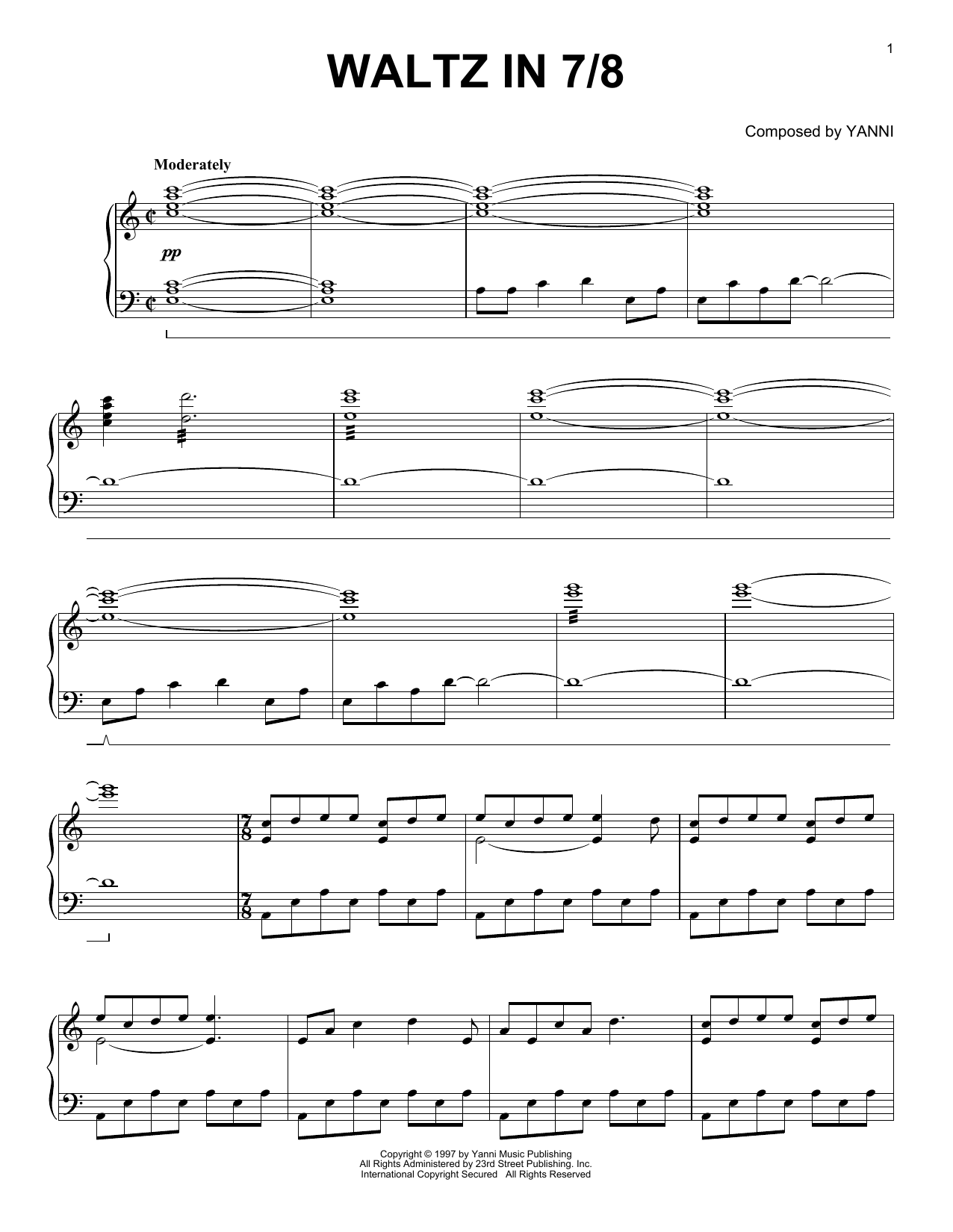 Yanni Waltz in 7/8 sheet music notes and chords arranged for Piano Solo