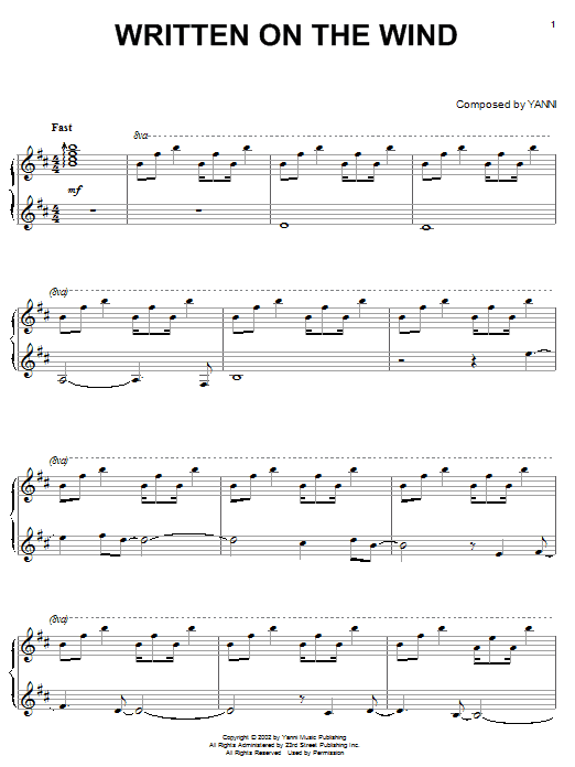Yanni Written On The Wind sheet music notes and chords arranged for Piano Solo