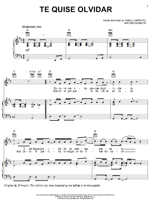 Yasmil Marrufo Te Quise Olvidar sheet music notes and chords arranged for Piano, Vocal & Guitar Chords (Right-Hand Melody)