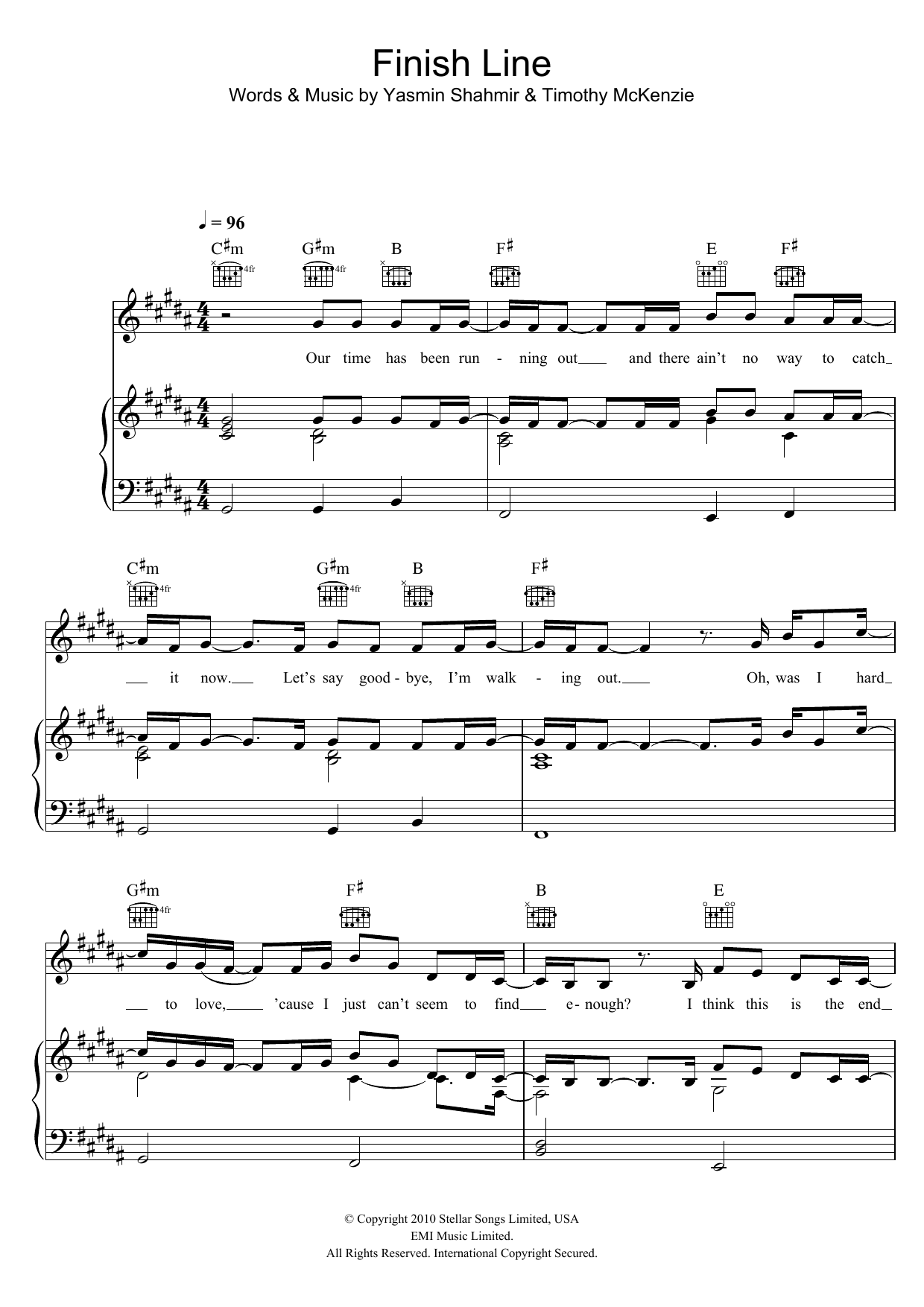 Yasmin Finish Line sheet music notes and chords arranged for Piano, Vocal & Guitar Chords