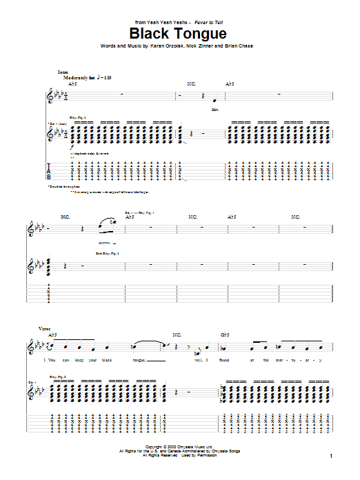 Yeah Yeah Yeahs Black Tongue sheet music notes and chords arranged for Guitar Tab