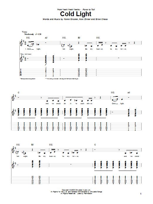 Yeah Yeah Yeahs Cold Light sheet music notes and chords arranged for Guitar Tab