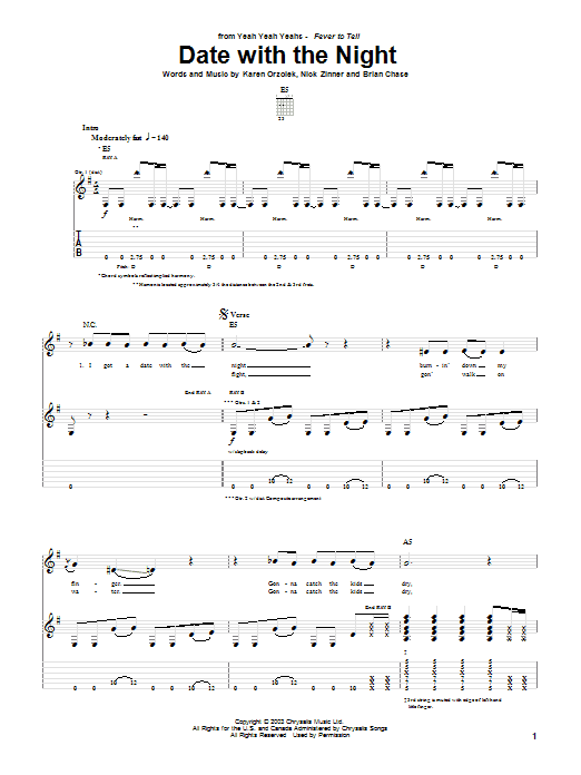 Yeah Yeah Yeahs Date With The Night sheet music notes and chords arranged for Guitar Tab