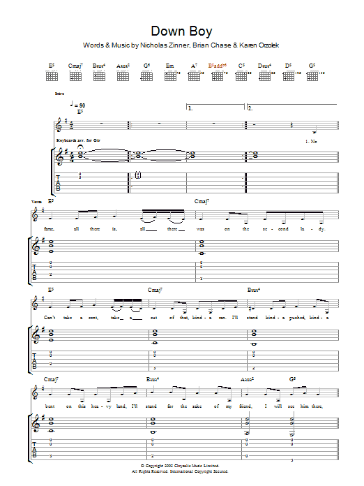 Yeah Yeah Yeahs Down Boy sheet music notes and chords arranged for Guitar Tab