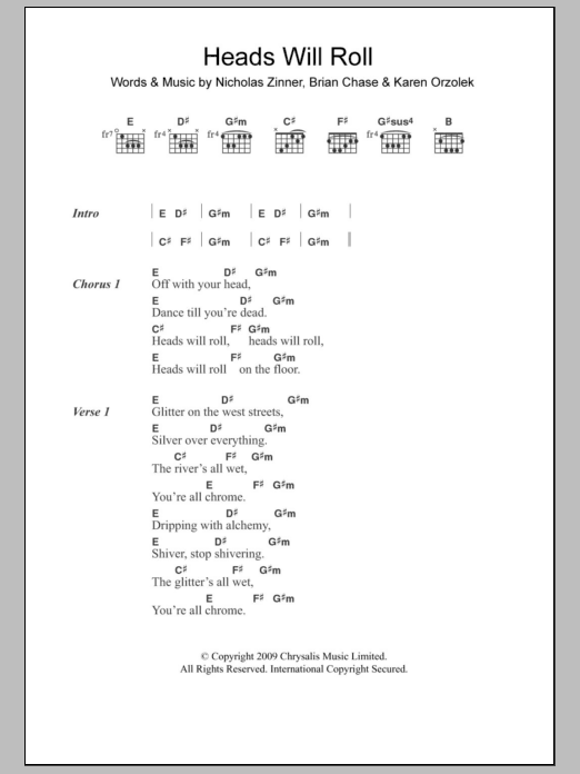 Yeah Yeah Yeahs Heads Will Roll sheet music notes and chords arranged for Guitar Chords/Lyrics
