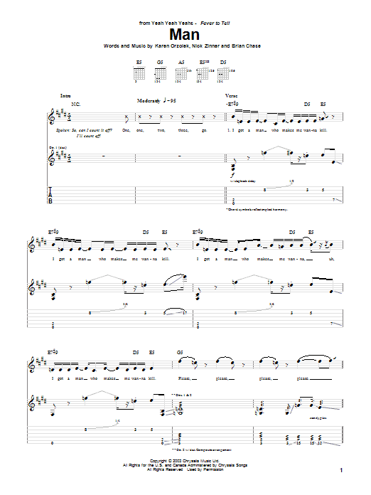 Yeah Yeah Yeahs Man sheet music notes and chords arranged for Guitar Tab