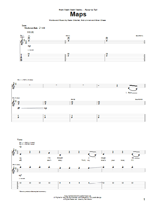 Yeah Yeah Yeahs Maps sheet music notes and chords arranged for Guitar Tab