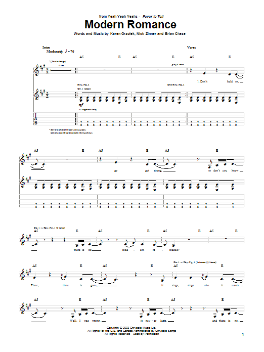 Yeah Yeah Yeahs Modern Romance sheet music notes and chords arranged for Guitar Tab