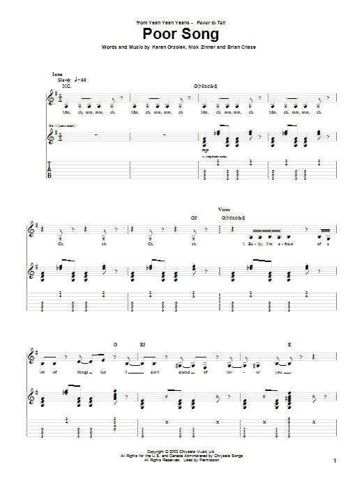 Yeah Yeah Yeahs Poor Song sheet music notes and chords arranged for Guitar Tab