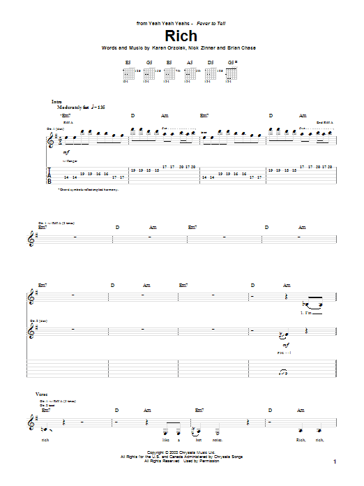 Yeah Yeah Yeahs Rich sheet music notes and chords arranged for Guitar Tab