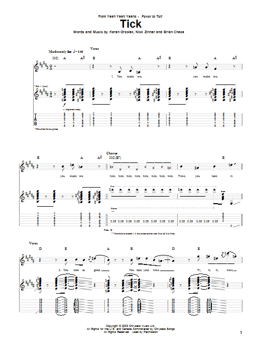 Yeah Yeah Yeahs Tick sheet music notes and chords arranged for Guitar Tab