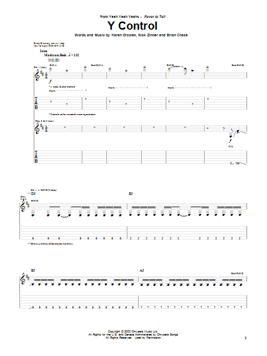 Yeah Yeah Yeahs Y Control sheet music notes and chords arranged for Guitar Tab