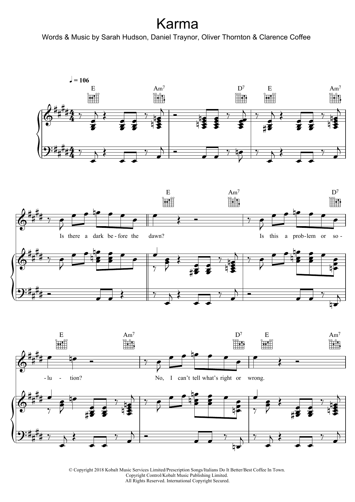 Years & Years Karma sheet music notes and chords arranged for Piano, Vocal & Guitar Chords