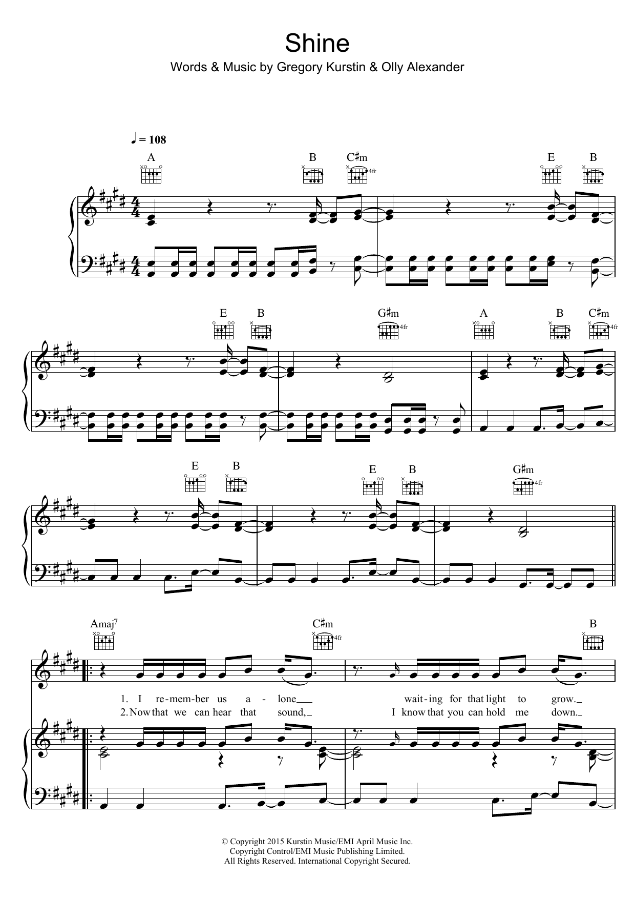 Years & Years Shine sheet music notes and chords arranged for Piano, Vocal & Guitar Chords